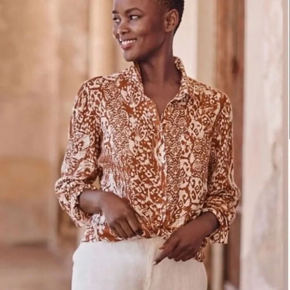Garnet Hill Easy Linen Button Down Shirt Brown Orange Ikat Print
